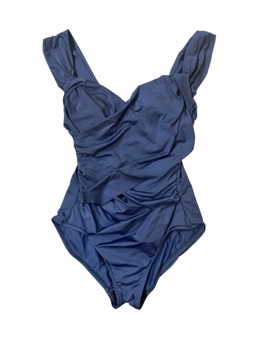 Badgley Mischka Drape Maillot Navy Ruched One-Piece Swimsuit, Size 4 - Picture 1 of 8